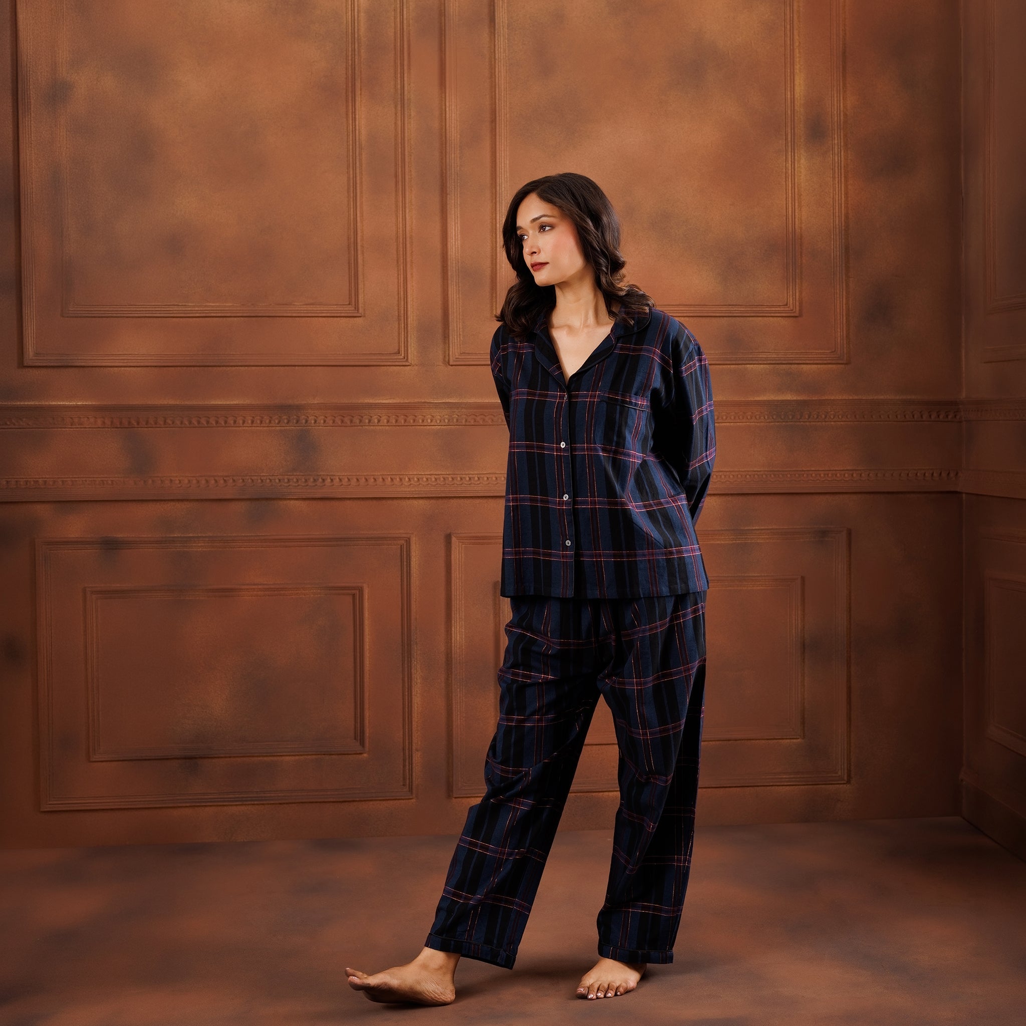 PLAID LAMÉ  PYJAMA SET - MIDNIGHT BLUE