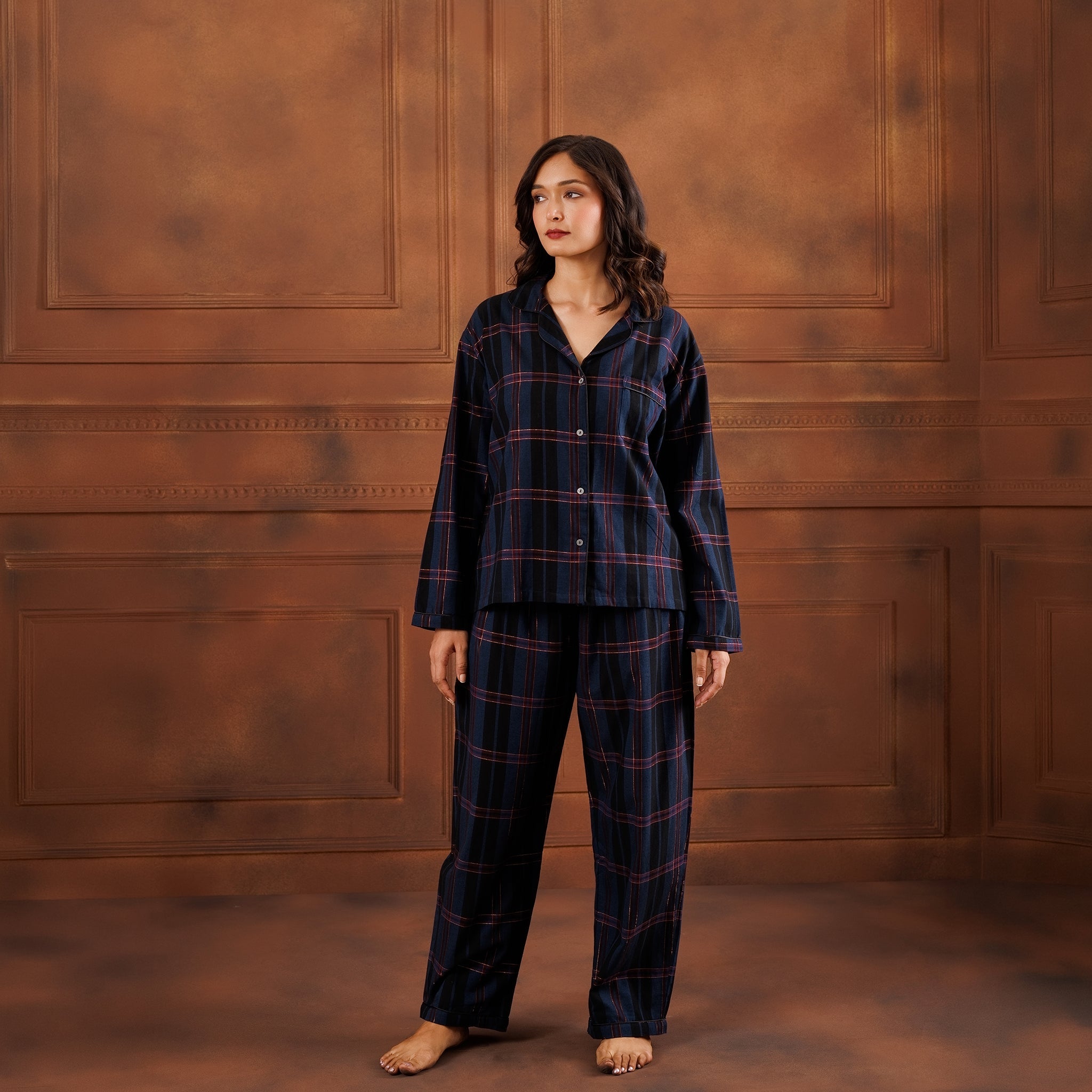 PLAID LAMÉ  PYJAMA SET - MIDNIGHT BLUE
