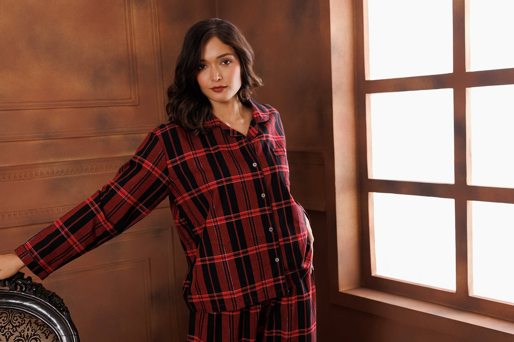 PLAID LAMÉ COTTON PYJAMA SET- GARNET