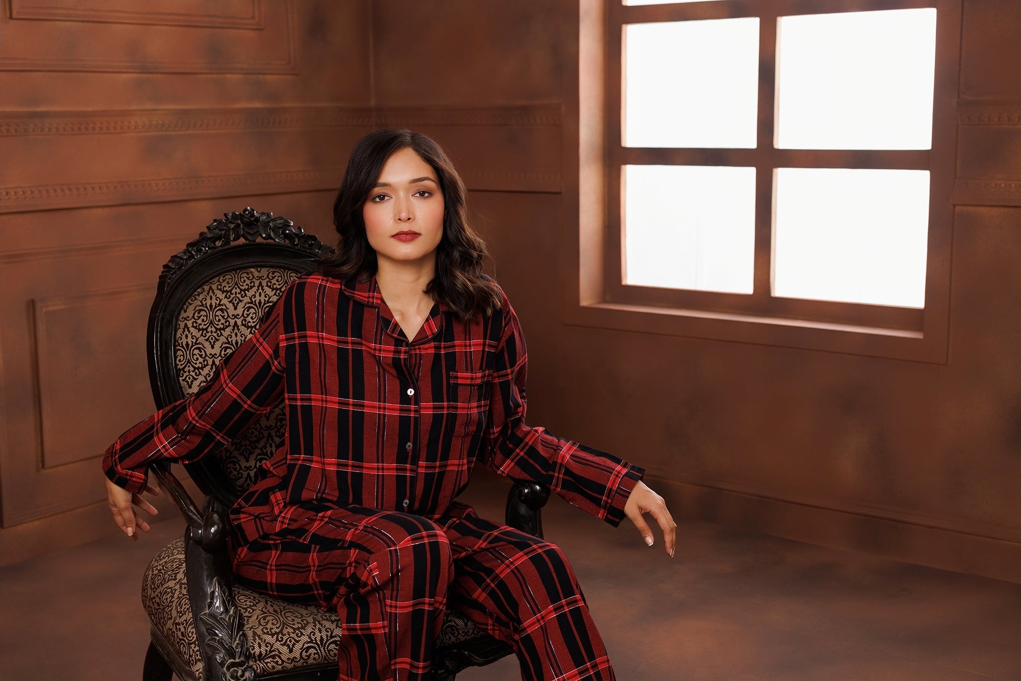 PLAID LAMÉ COTTON PYJAMA SET- GARNET