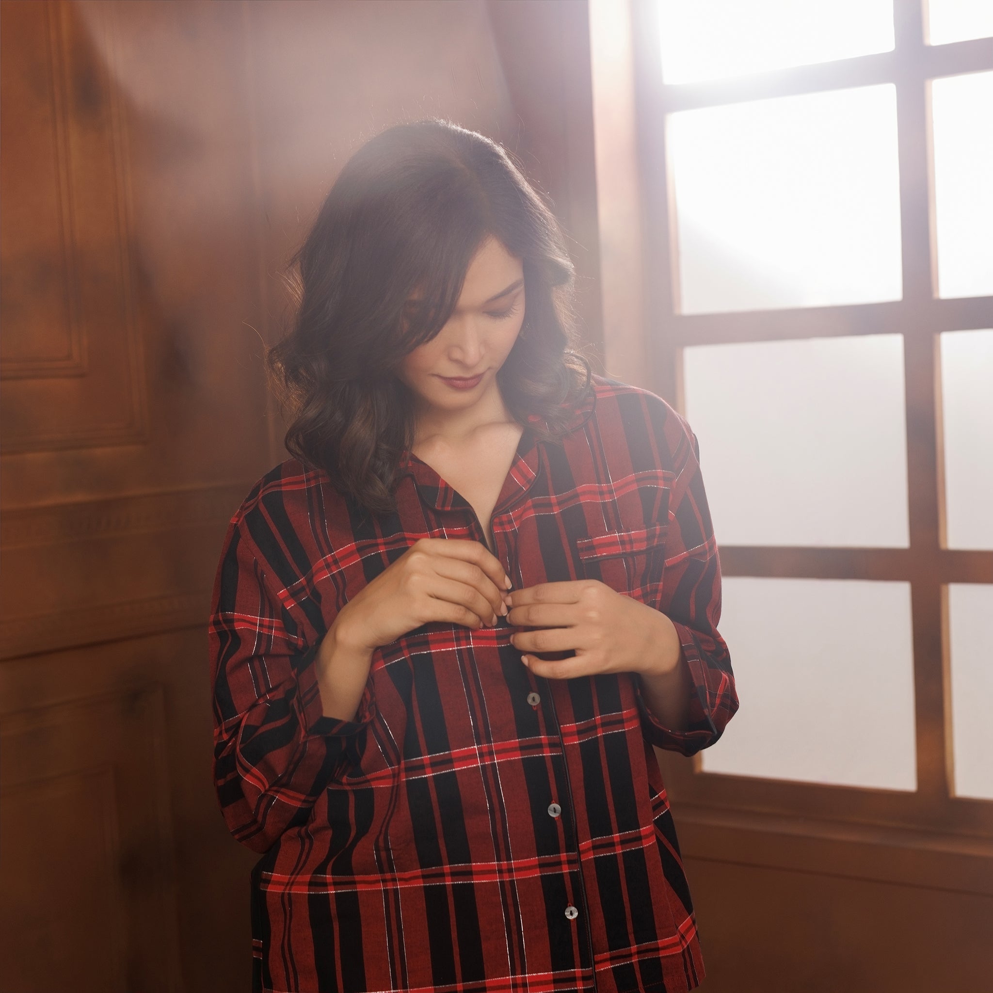 PLAID LAMÉ COTTON PYJAMA SET- GARNET