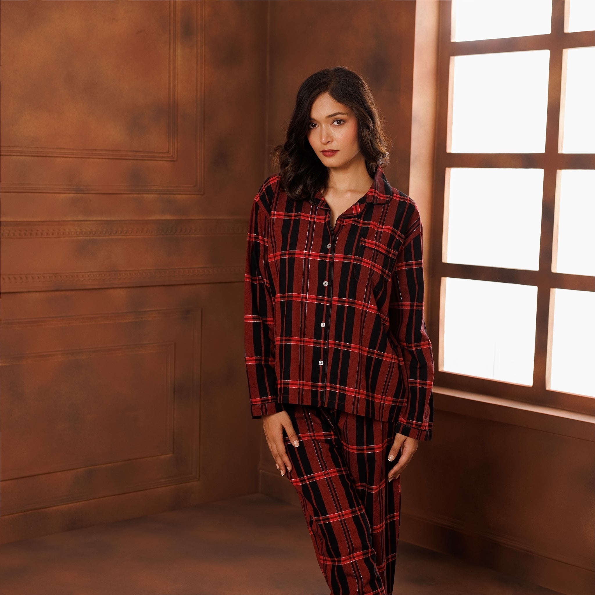 PLAID LAMÉ COTTON PYJAMA SET- GARNET