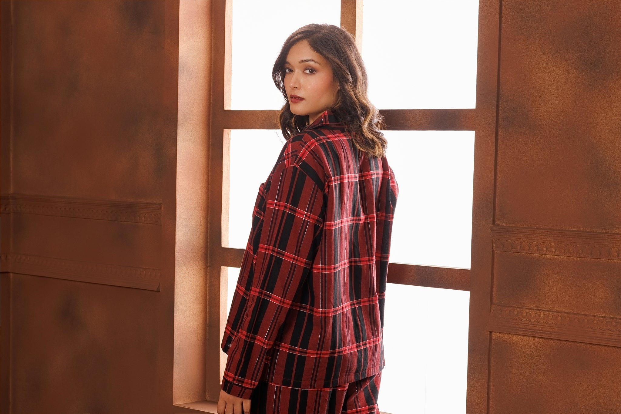 PLAID LAMÉ COTTON PYJAMA SET- GARNET