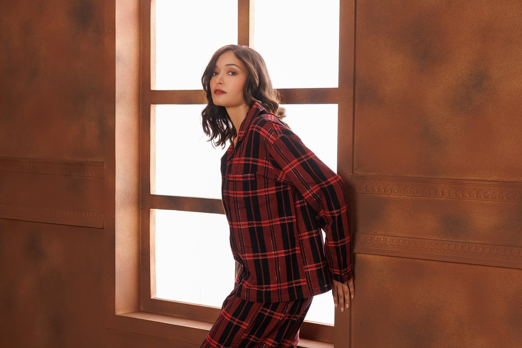 PLAID LAMÉ COTTON PYJAMA SET- GARNET