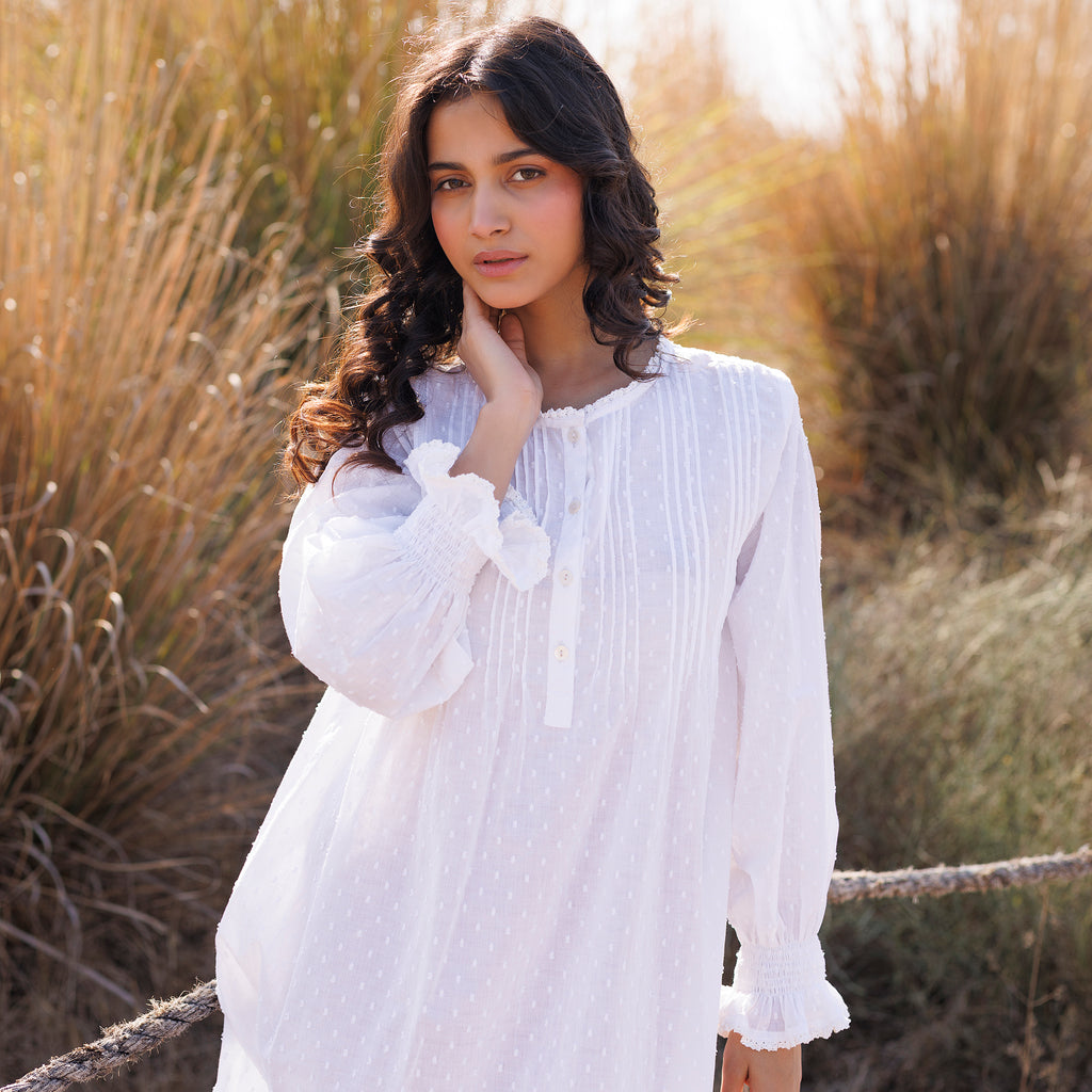 Cara Organic Cotton Dobby Nightie - Ivory