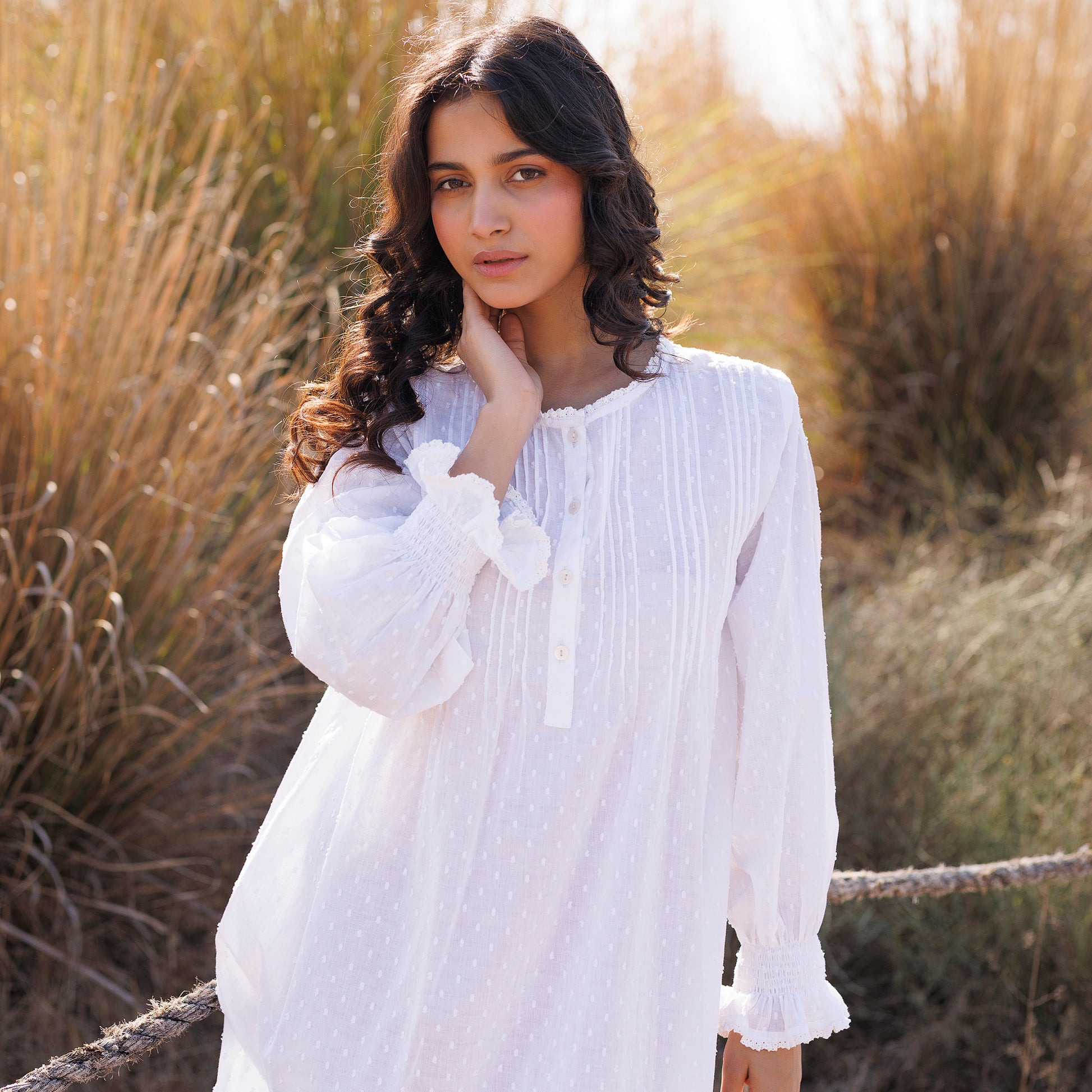 Cara Organic Cotton Dobby Nightie - Ivory