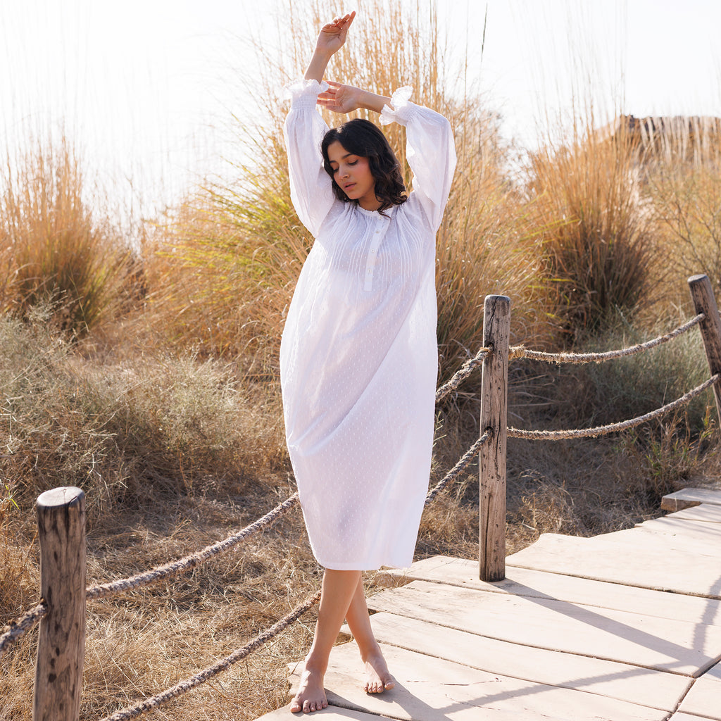 Cara Organic Cotton Dobby Nightie - Ivory