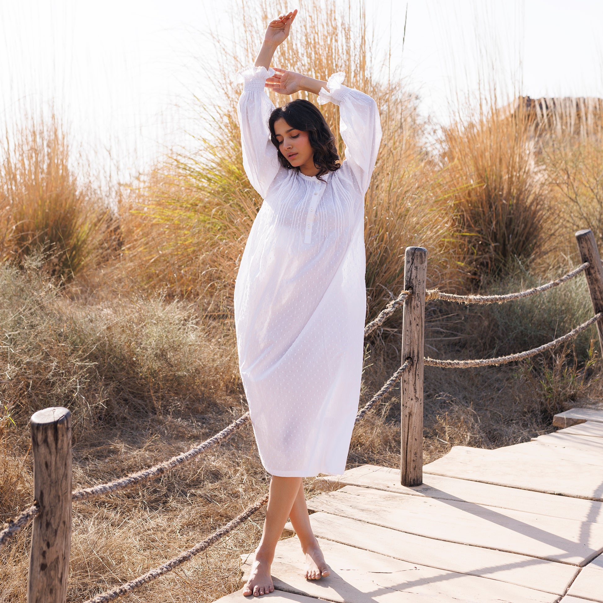 Cara Organic Cotton Dobby Nightie - Ivory