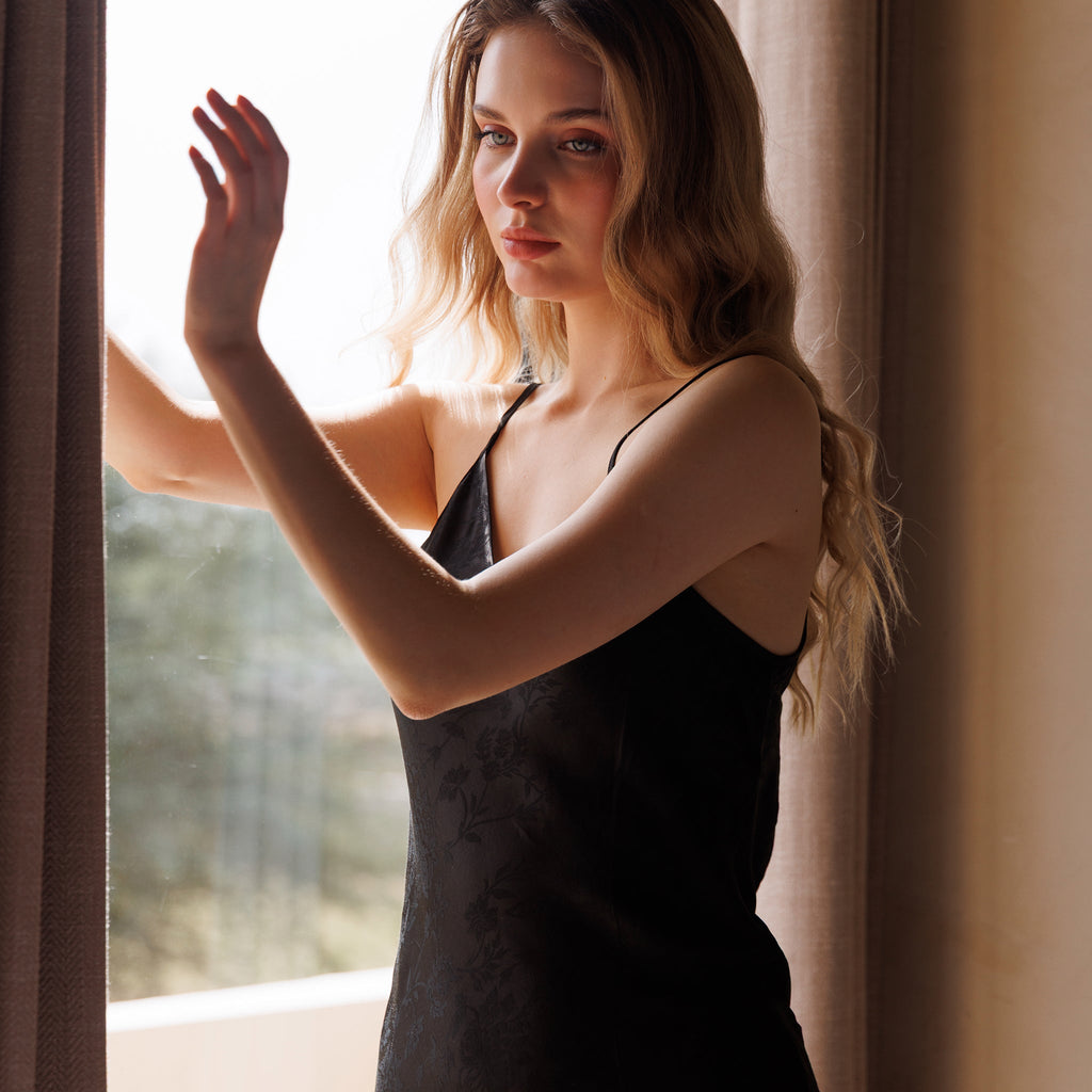 Silk Satin Slip Dress Long- Black